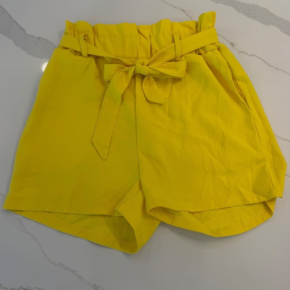 Yellow Paperbag Waist Shorts High Rise Belted Cotton Blend Size Large